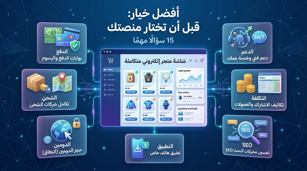 قبل اختيار منصة متجرك: 15 سؤالًا يجب أن تعرف إجابتها قبل أن تدفع